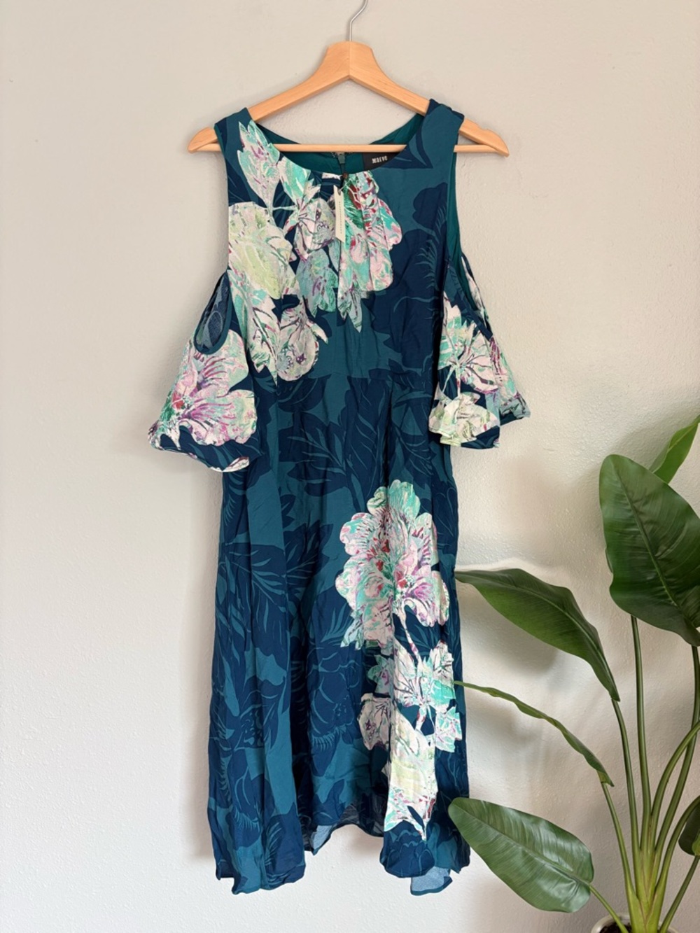 Anthropologie Maeve Teal Floral Cold-Shoulder Midi Dress
